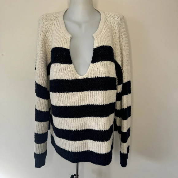 Zara Striped Chunky Knit Sweater Blue Cream V Neck Boxy Fit Nautical Preppy Sz L - Picture 2 of 16
